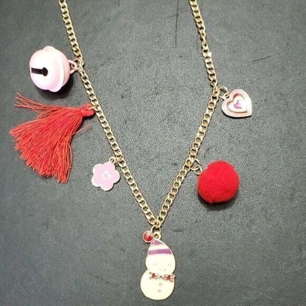 Gold tone snowman charm necklace 22-24" colorful